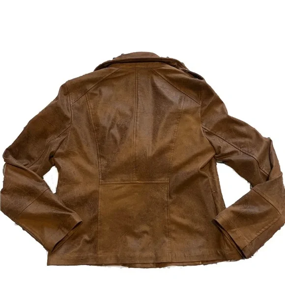 Chico's Brown Leather Jacket Asymmetrical Zip Notched Lapel - Picture 10 of 12